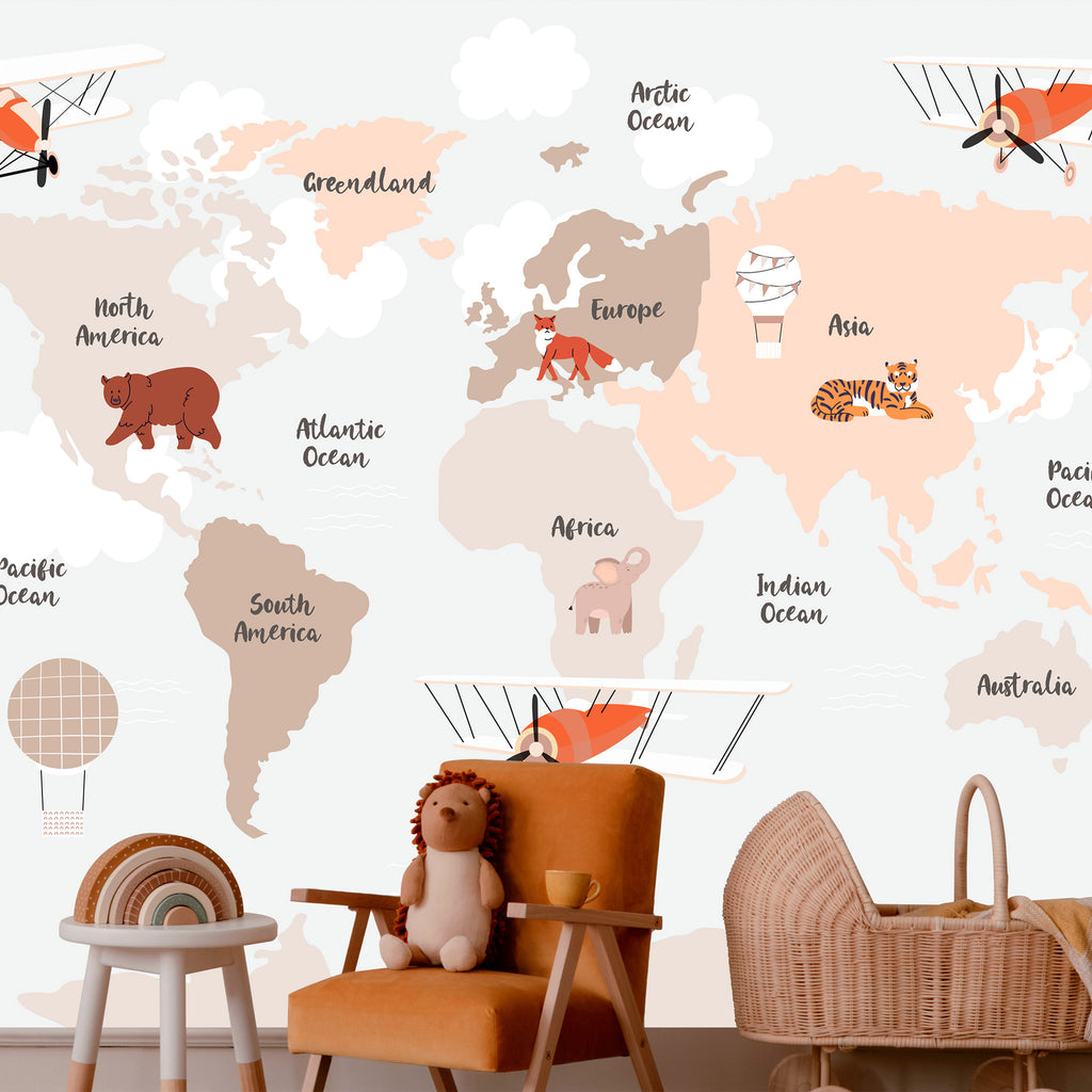 Wall Mural Map in Beige with Animals