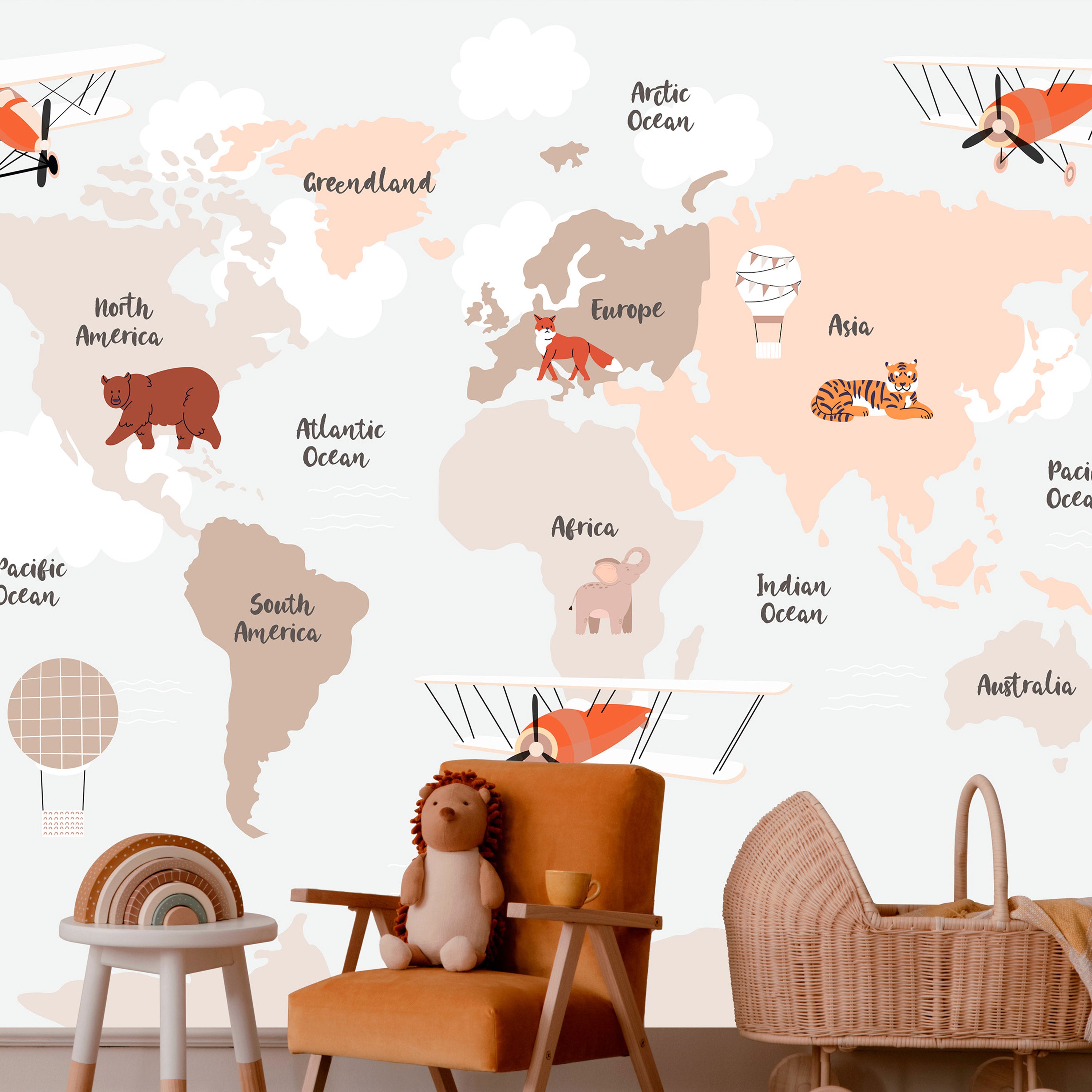Wall Mural Map in Beige with Animals