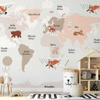 Wall Mural Map in Beige with Animals