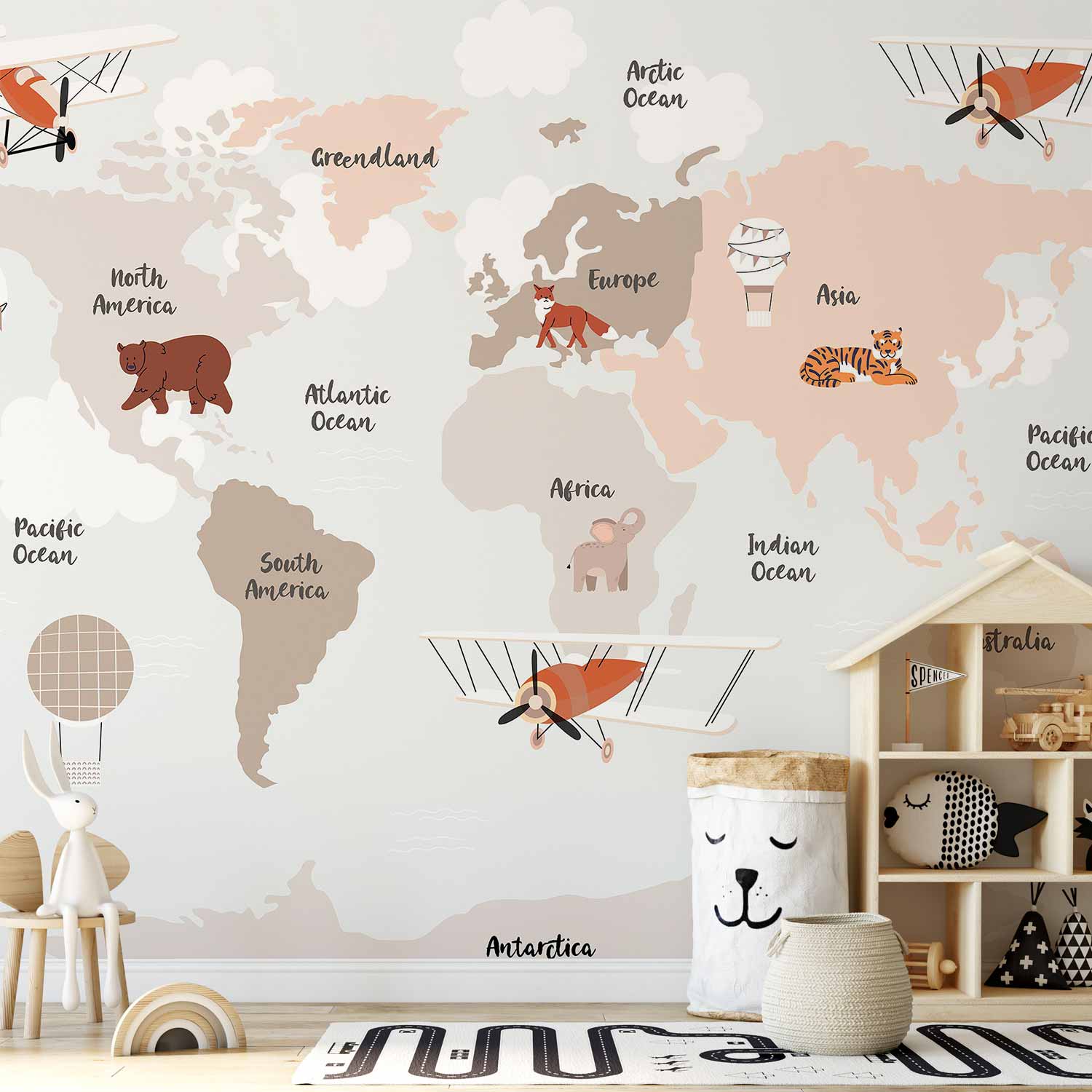 Wall Mural Map in Beige with Animals