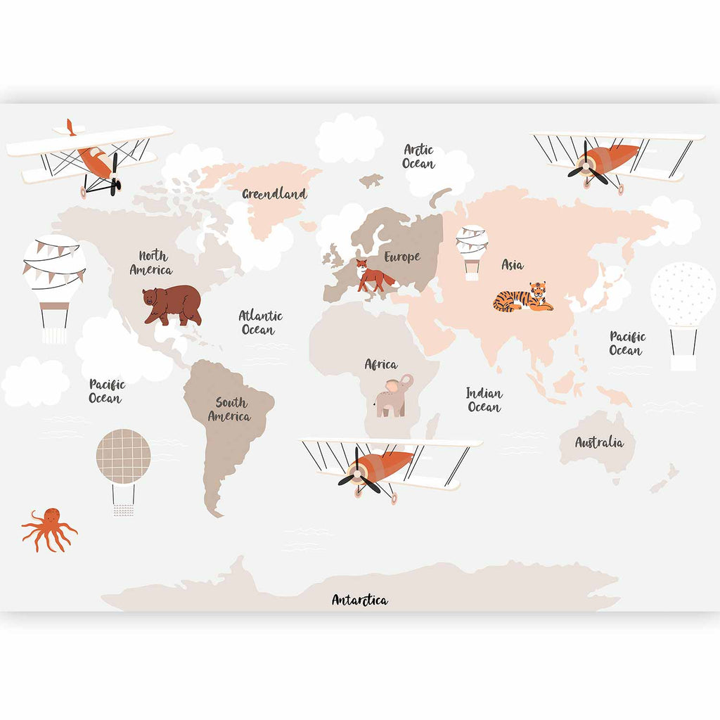 Wall Mural Map in Beige with Animals