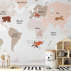 Wall Mural Map in Beige with Animals