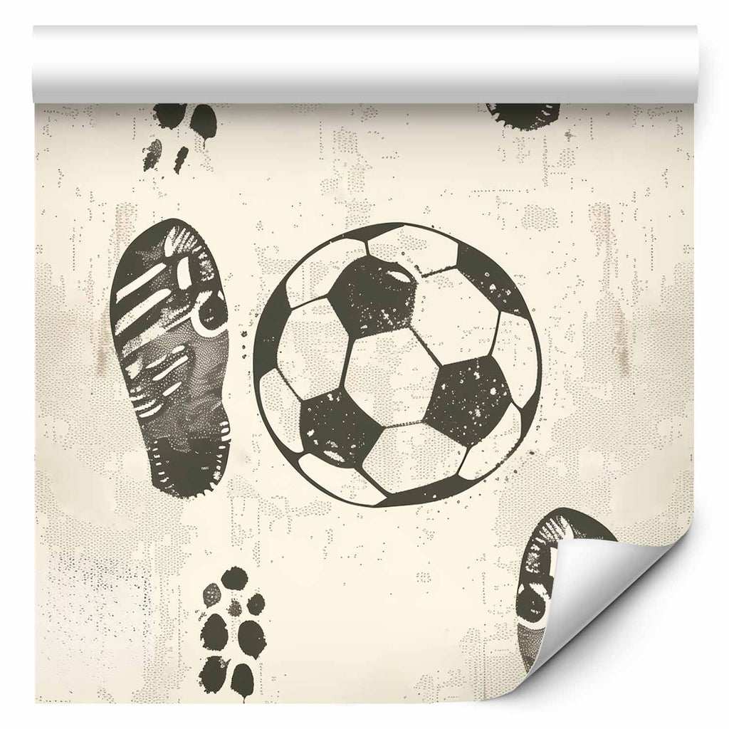 Wallpaper Traces and Balls - Black-and-White Soccer Motifs on Beige