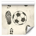 Wallpaper Traces and Balls - Black-and-White Soccer Motifs on Beige