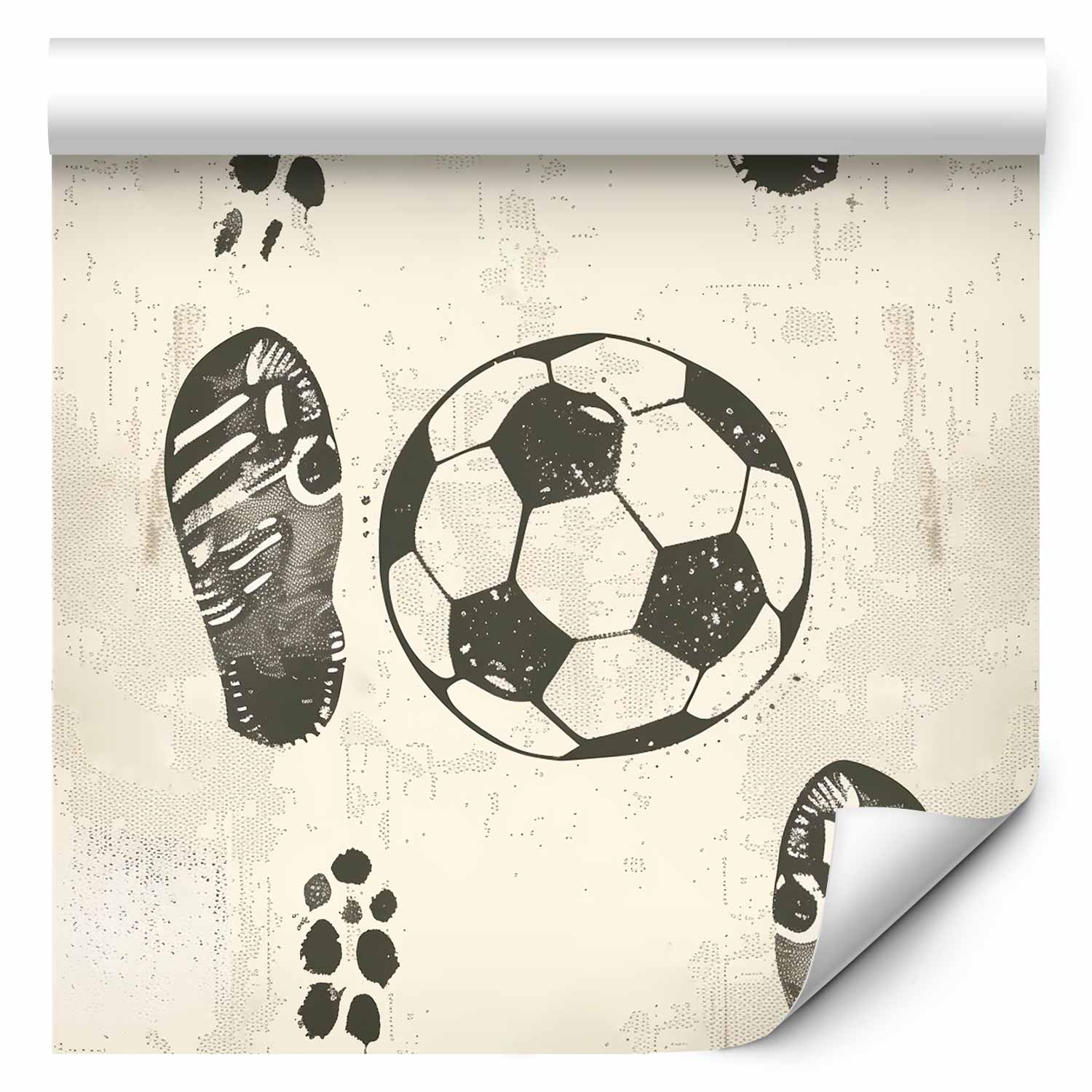 Wallpaper Traces and Balls - Black-and-White Soccer Motifs on Beige
