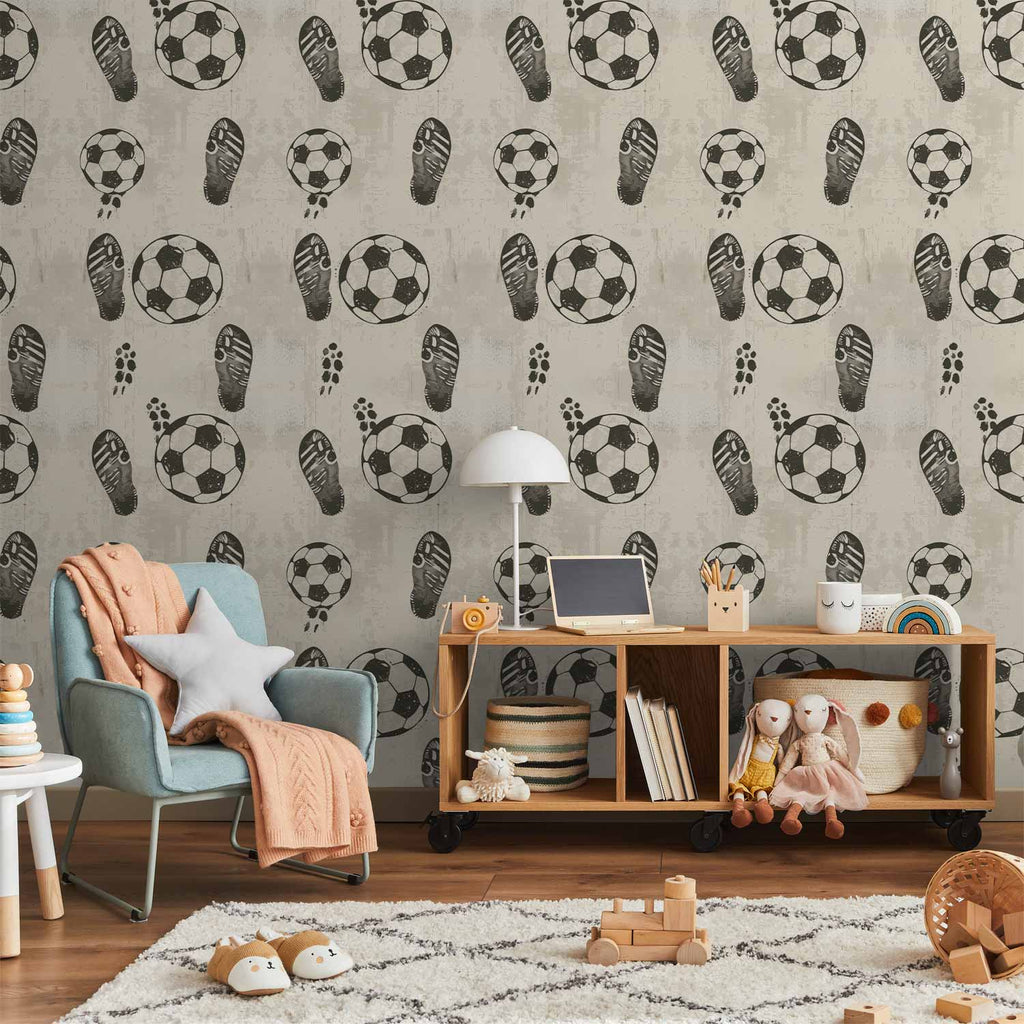 Wallpaper Traces and Balls - Black-and-White Soccer Motifs on Beige