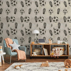 Wallpaper Traces and Balls - Black-and-White Soccer Motifs on Beige