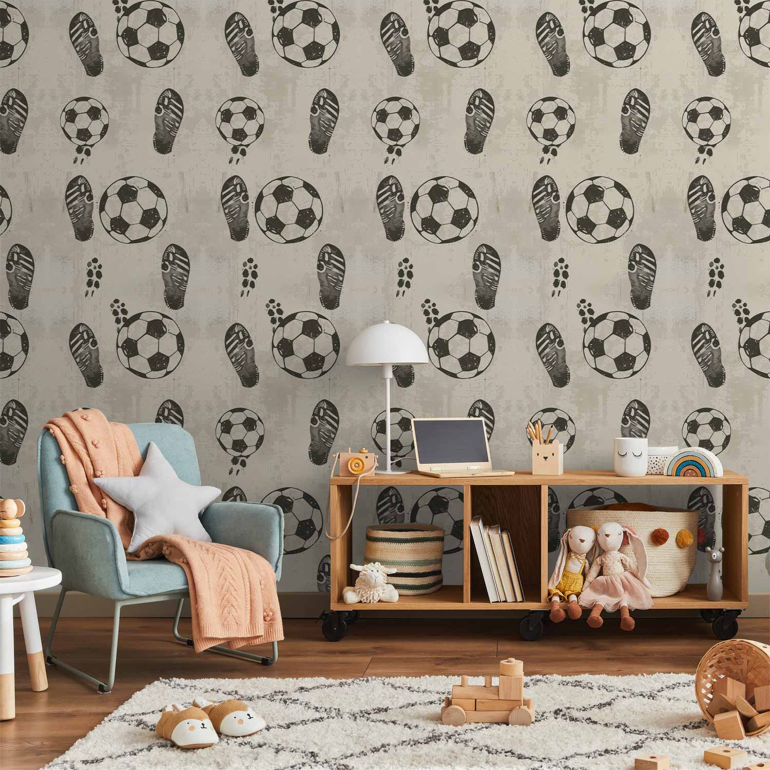 Wallpaper Traces and Balls - Black-and-White Soccer Motifs on Beige