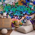 Blue Graffiti Inscriptions Urban Wall Mural