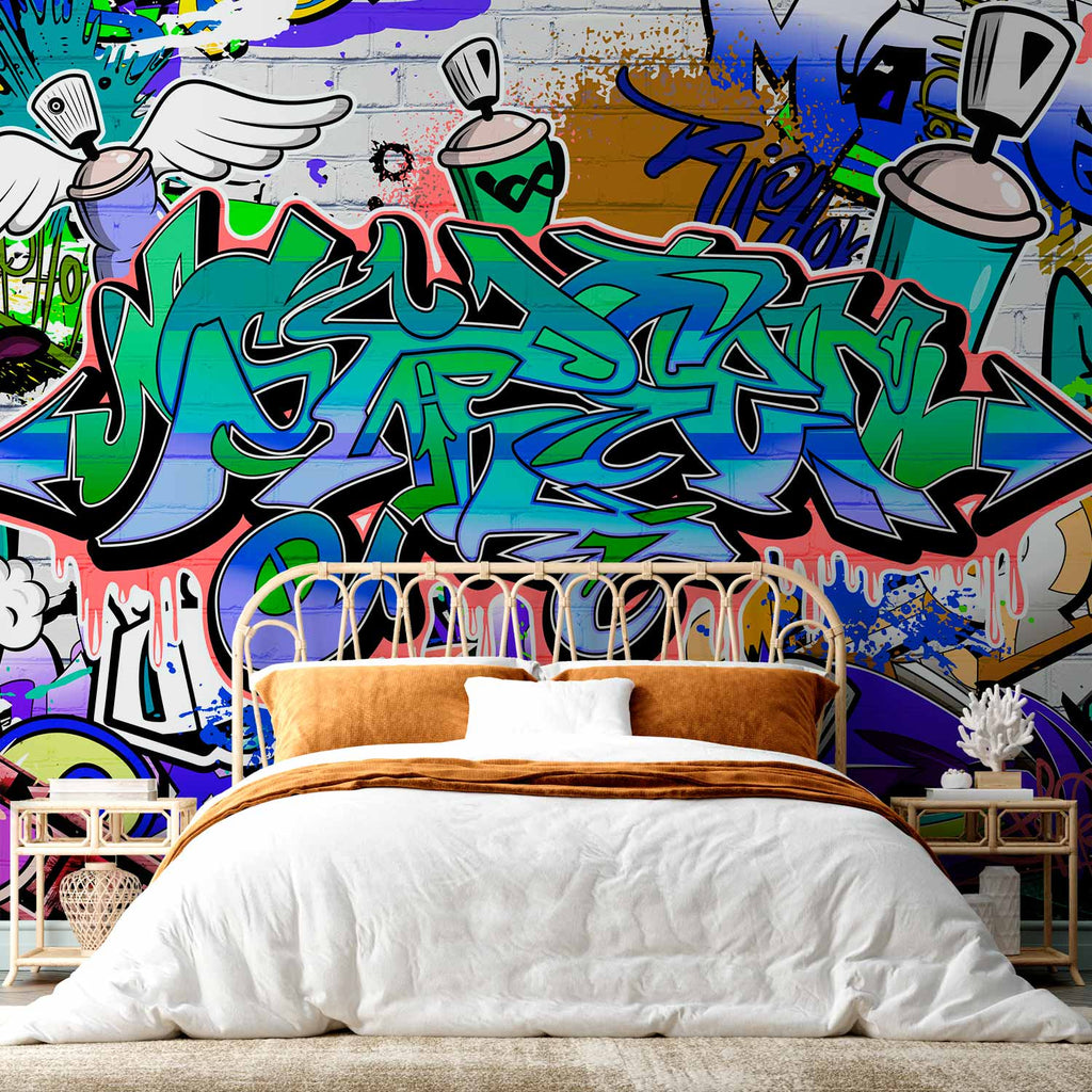 Blue Graffiti Inscriptions Urban Wall Mural
