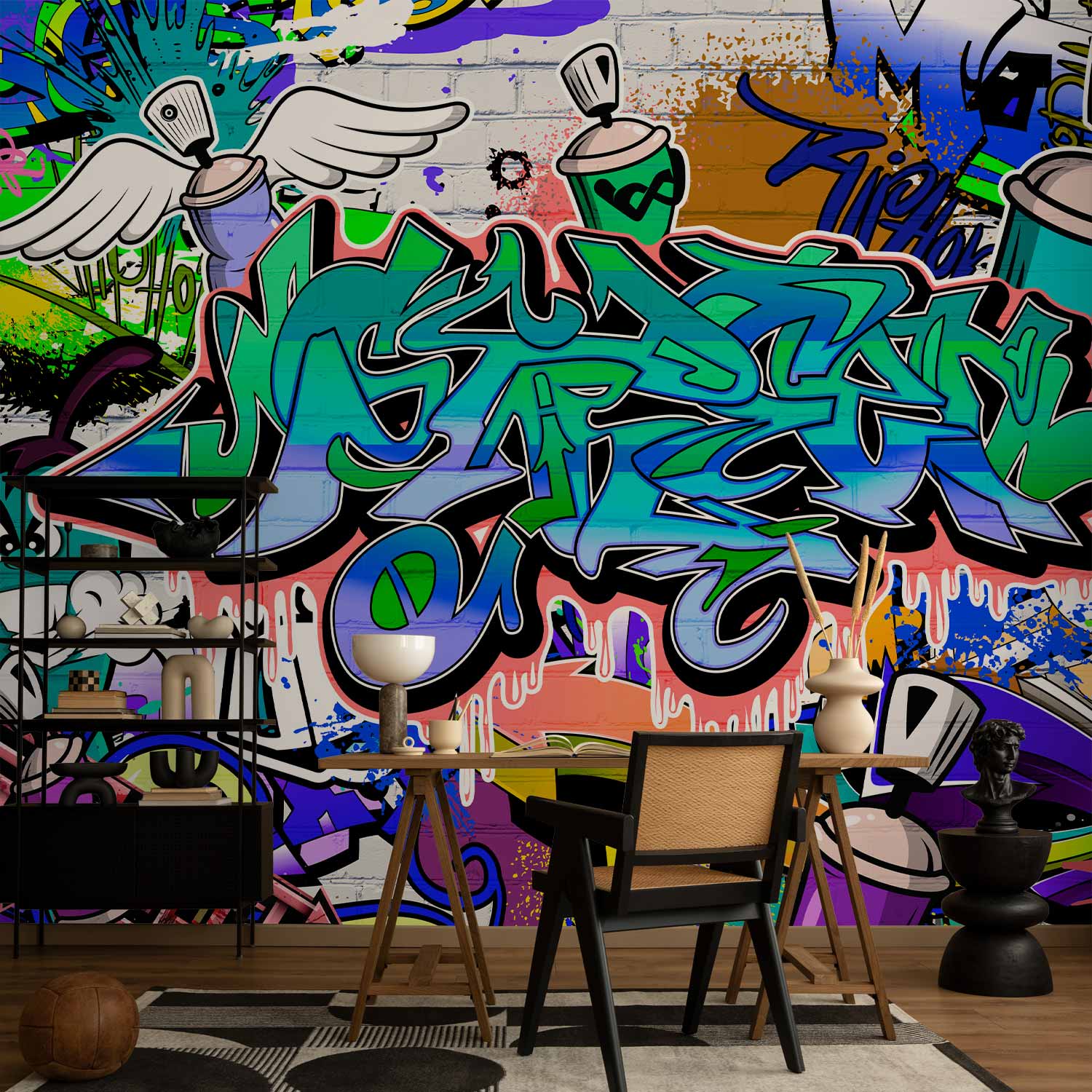 Blue Graffiti Inscriptions Urban Wall Mural