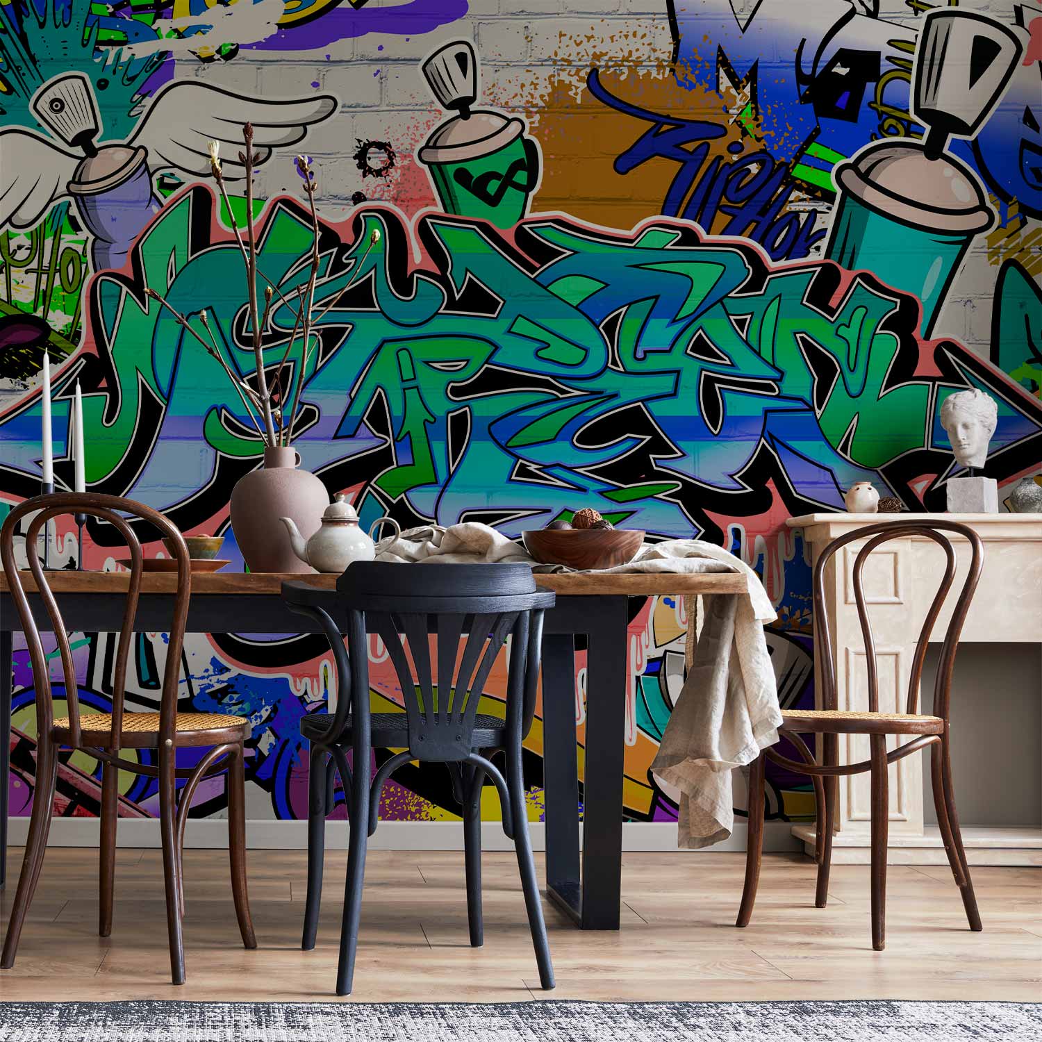 Blue Graffiti Inscriptions Urban Wall Mural