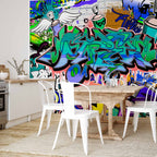 Blue Graffiti Inscriptions Urban Wall Mural