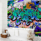 Blue Graffiti Inscriptions Urban Wall Mural