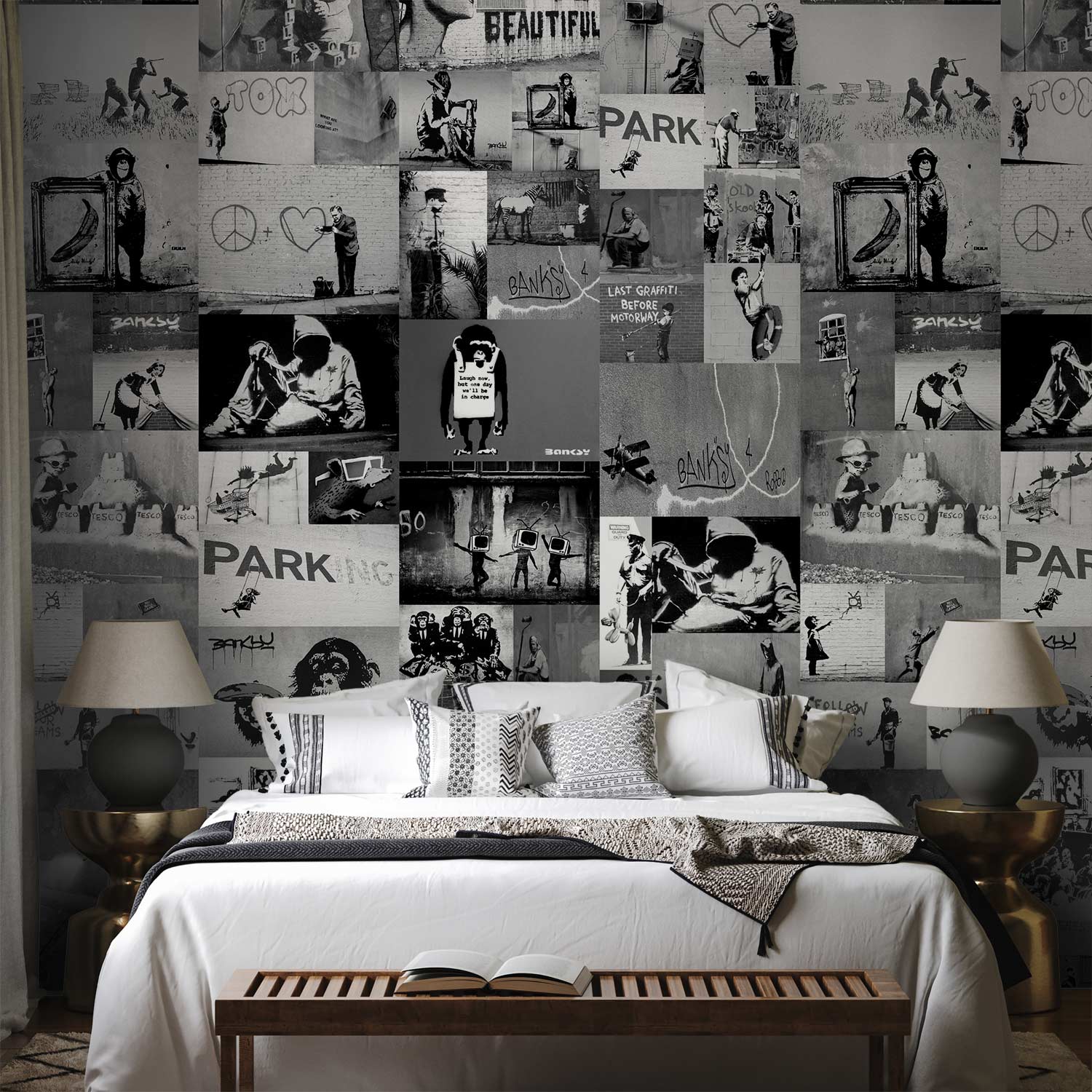 Banksy Grey Collage Street Art Wallpaper