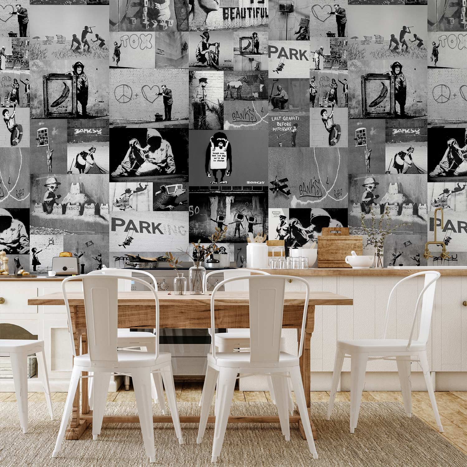 Banksy Grey Collage Street Art Wallpaper