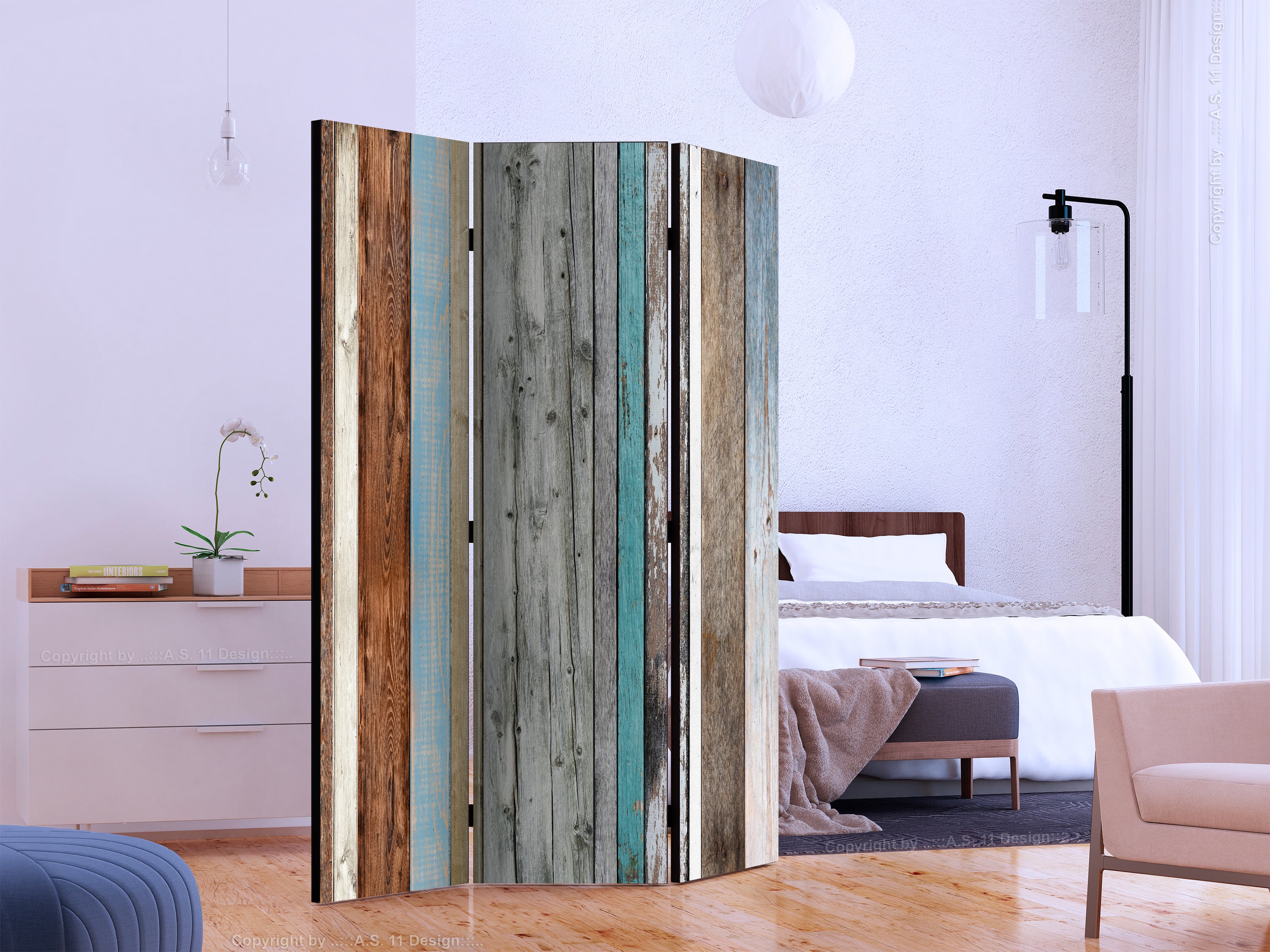 Colorful Rustic Wood Texture 3-Panel Room Divider