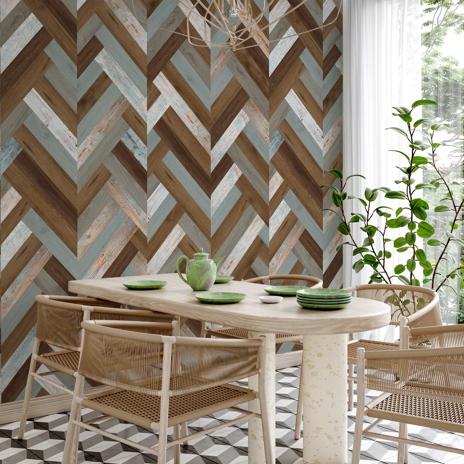 Scandinavian Geometric Wood Texture Multicolor Wallpaper