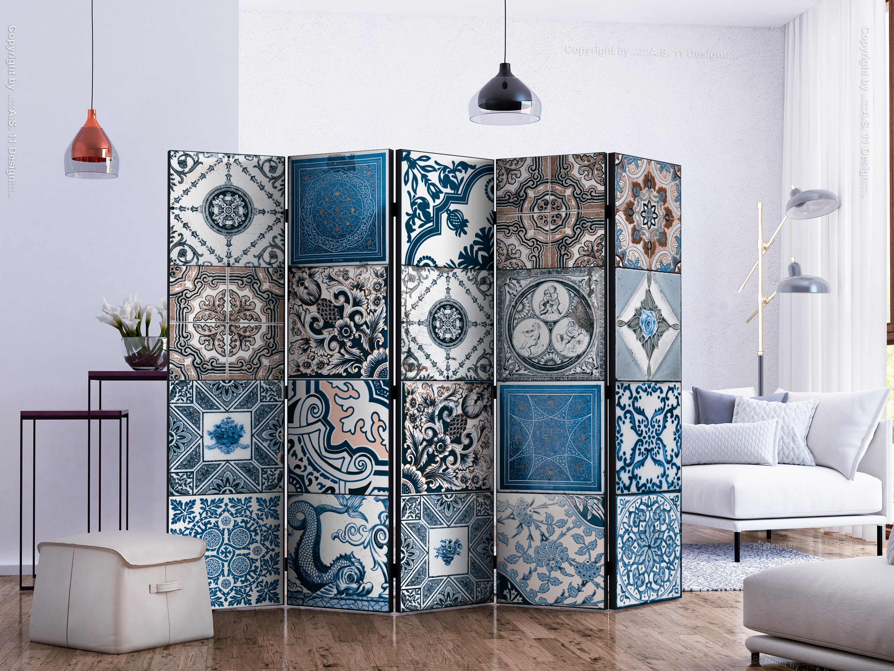 Blue Arabesque Mosaic 5-Panel Room Divider