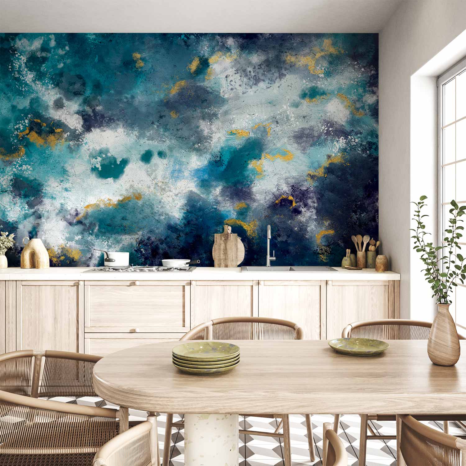 Wall Mural Stormy Ocean Abstract Blue Watercolor