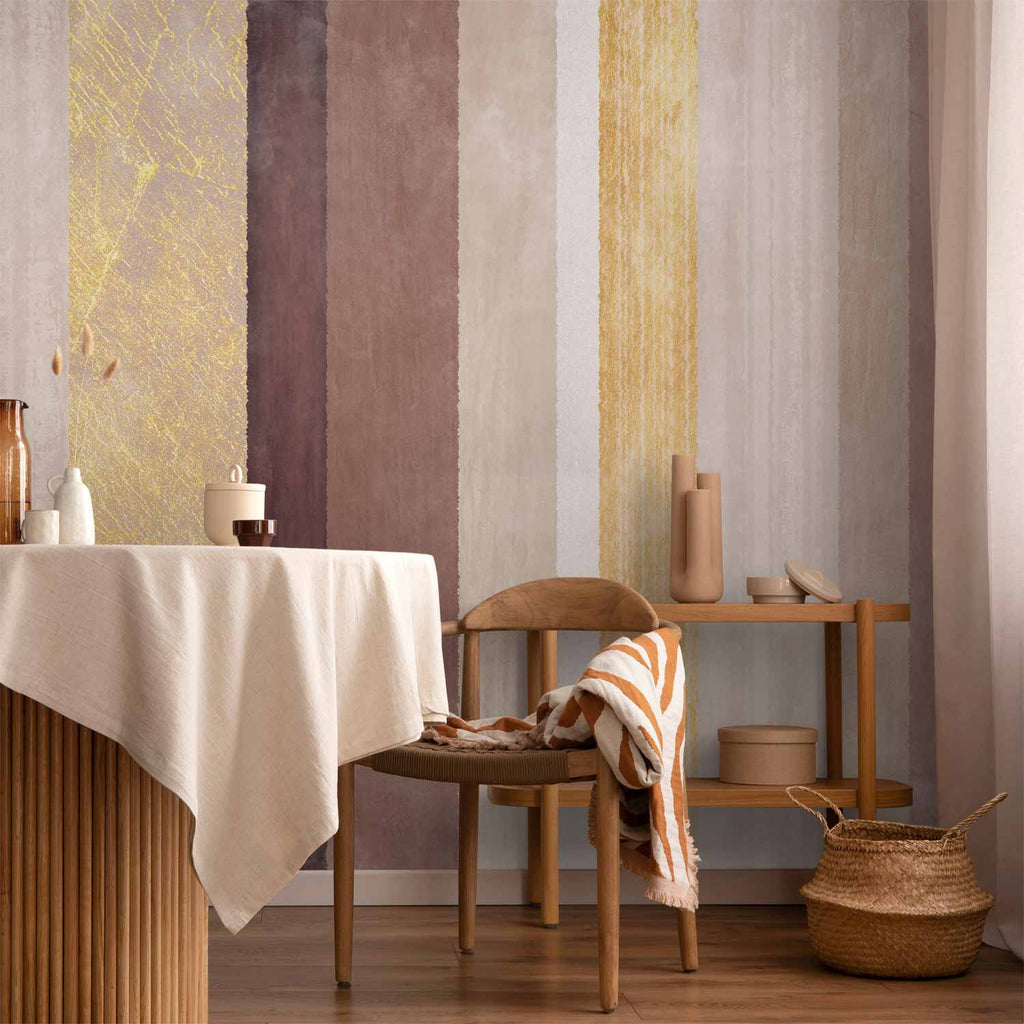 Wall Mural - Striped pattern - abstract background in stripes of different colours with gold pattern