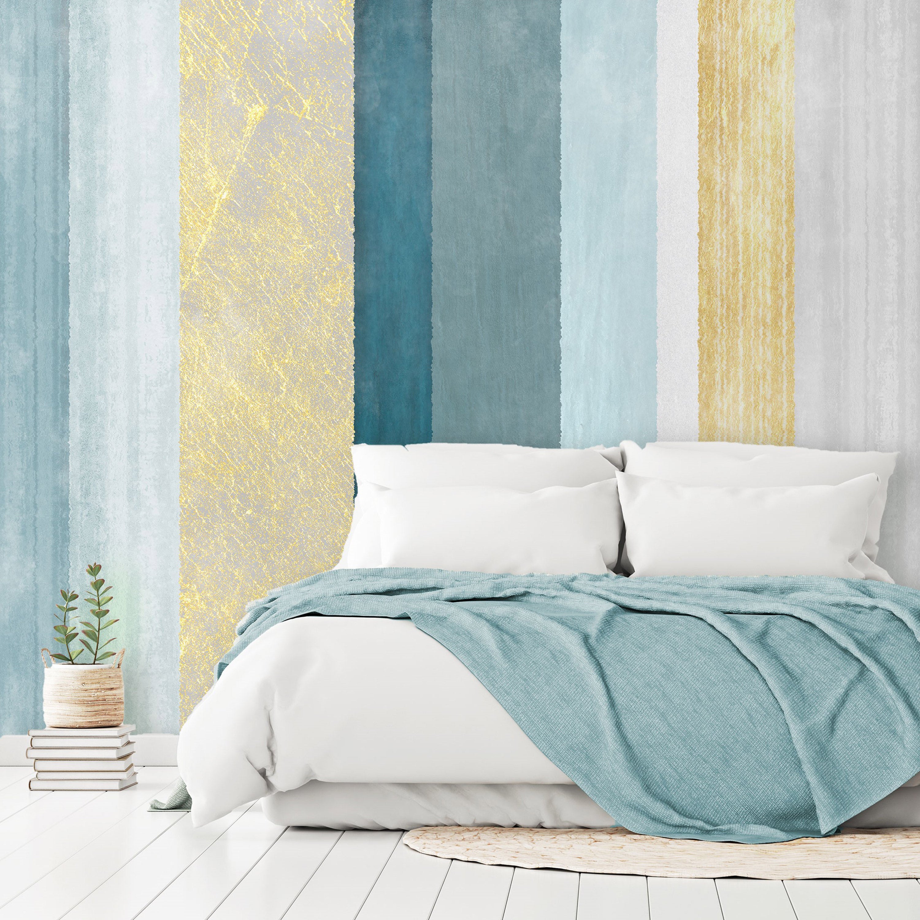Wall Mural Striped Pattern Abstract Blue and Gold