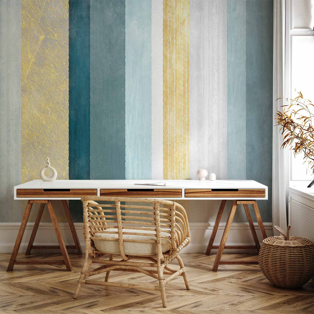 Blue and Gold Striped Abstract Wall Mural