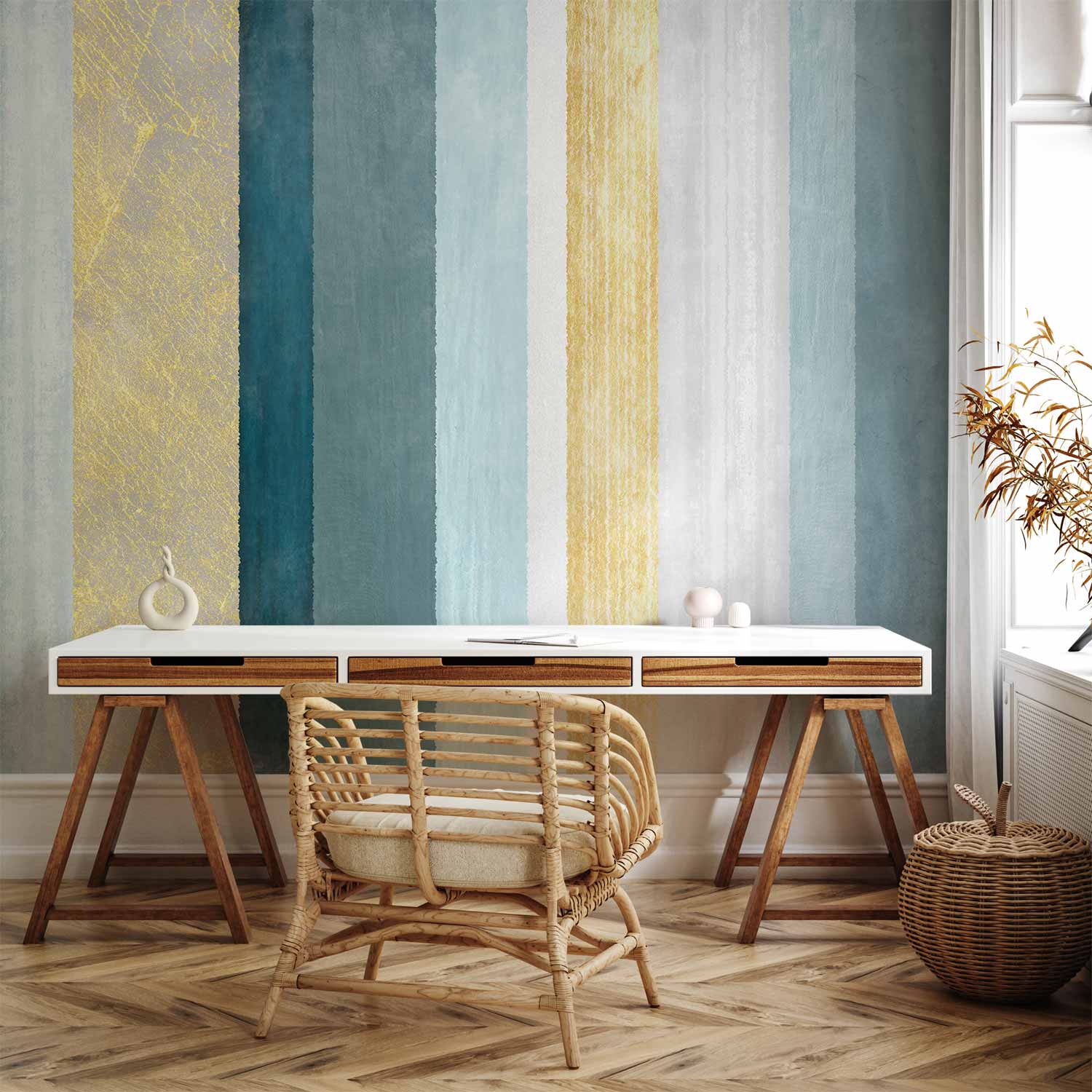 Blue and Gold Striped Abstract Wall Mural