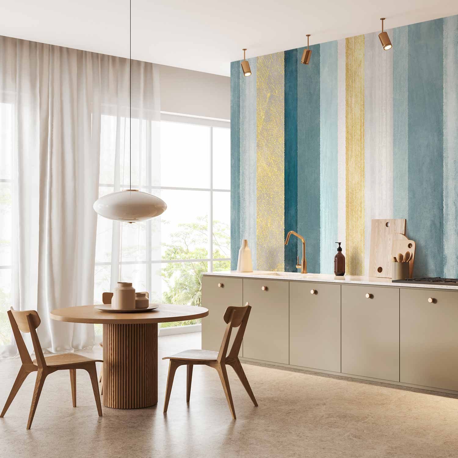 Blue and Gold Striped Abstract Wall Mural