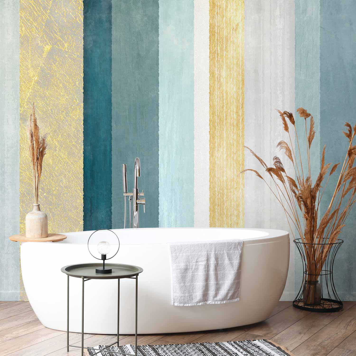 Blue and Gold Striped Abstract Wall Mural