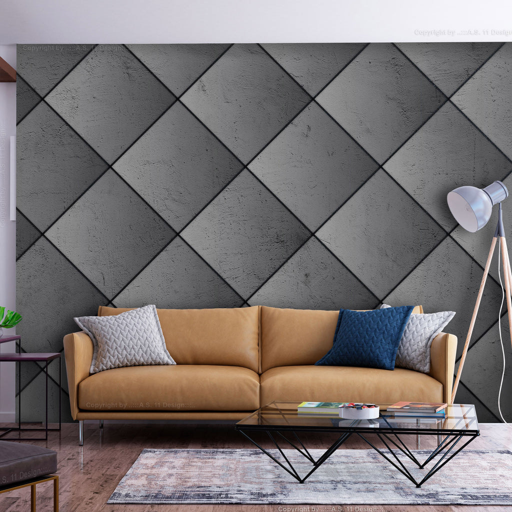 Wall Mural Grey Symmetry Geometric Concrete Pattern with Black Joints
