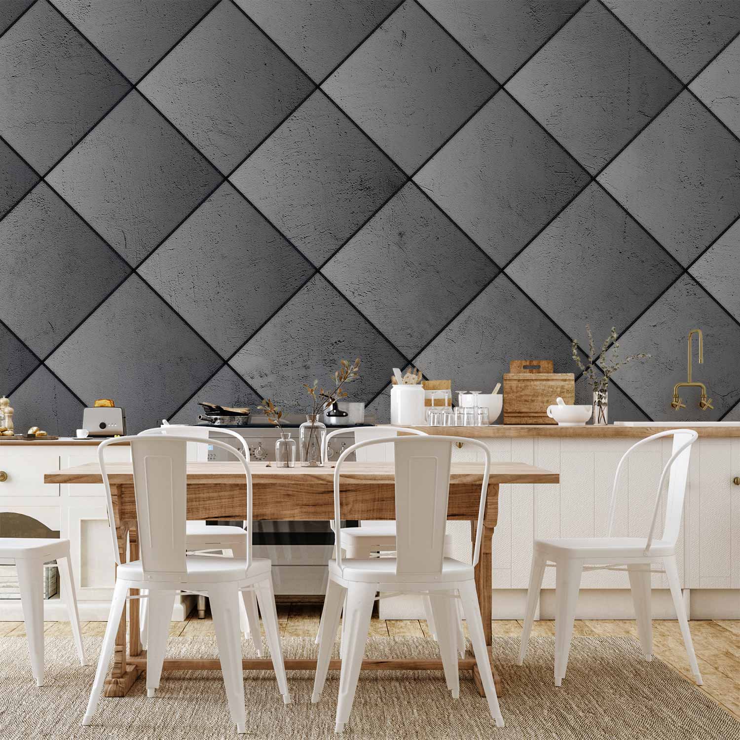 Wall Mural Grey Symmetry Geometric Concrete Pattern with Black Joints