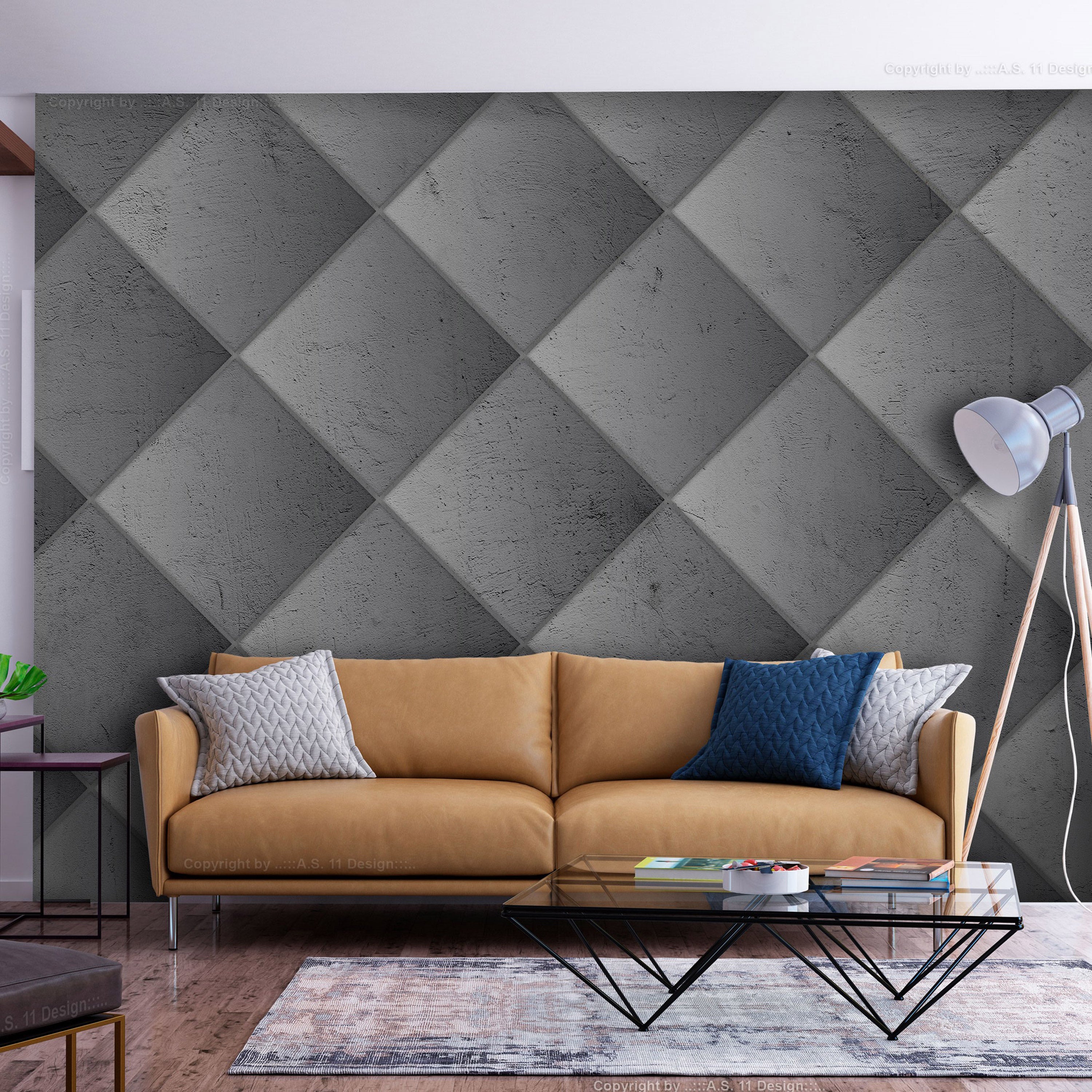 Wall Mural Grey Symmetry Geometric Concrete Pattern with Light Joints
