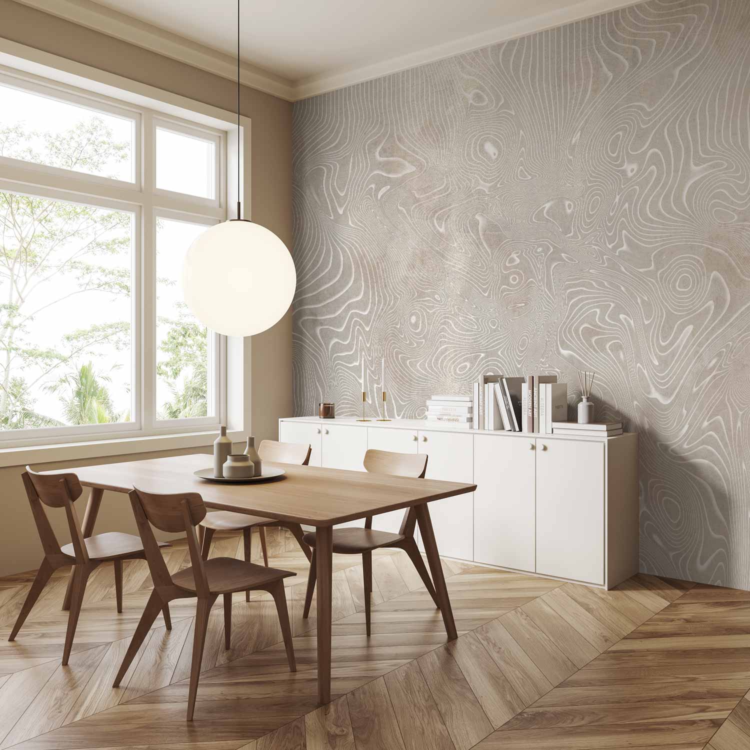 Abstract Flowing Shapes Beige and White Wall Mural