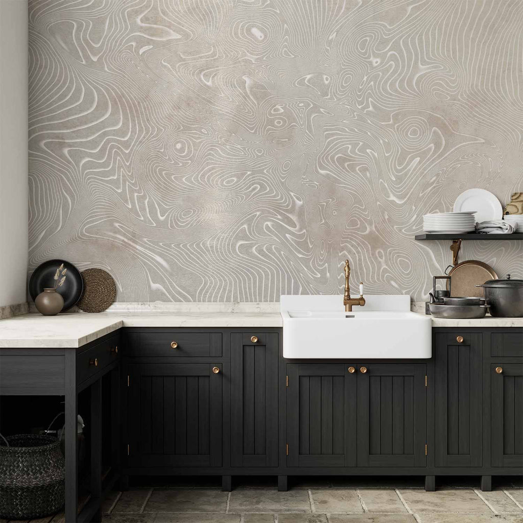 Wall Mural - Flowing shapes in beige and white abstract pattern