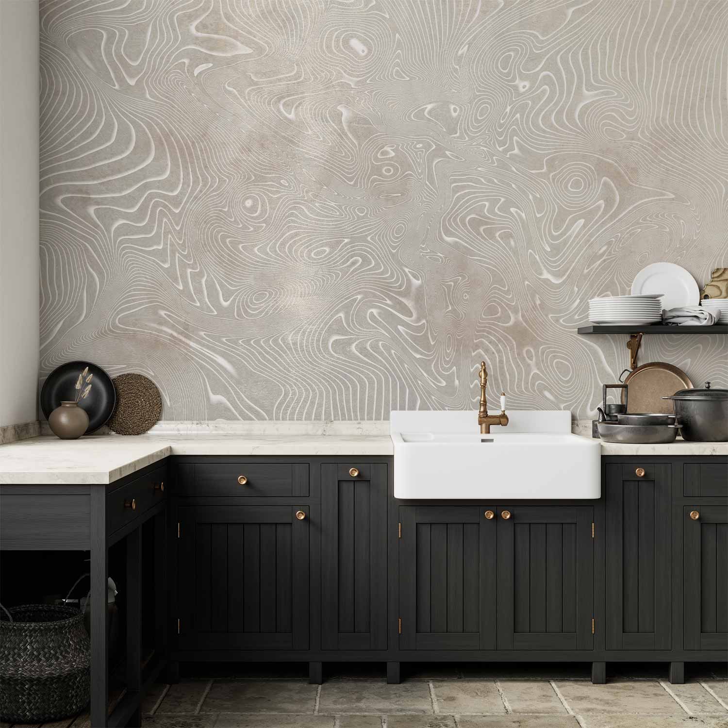 Wall Mural - Flowing shapes in beige and white abstract pattern