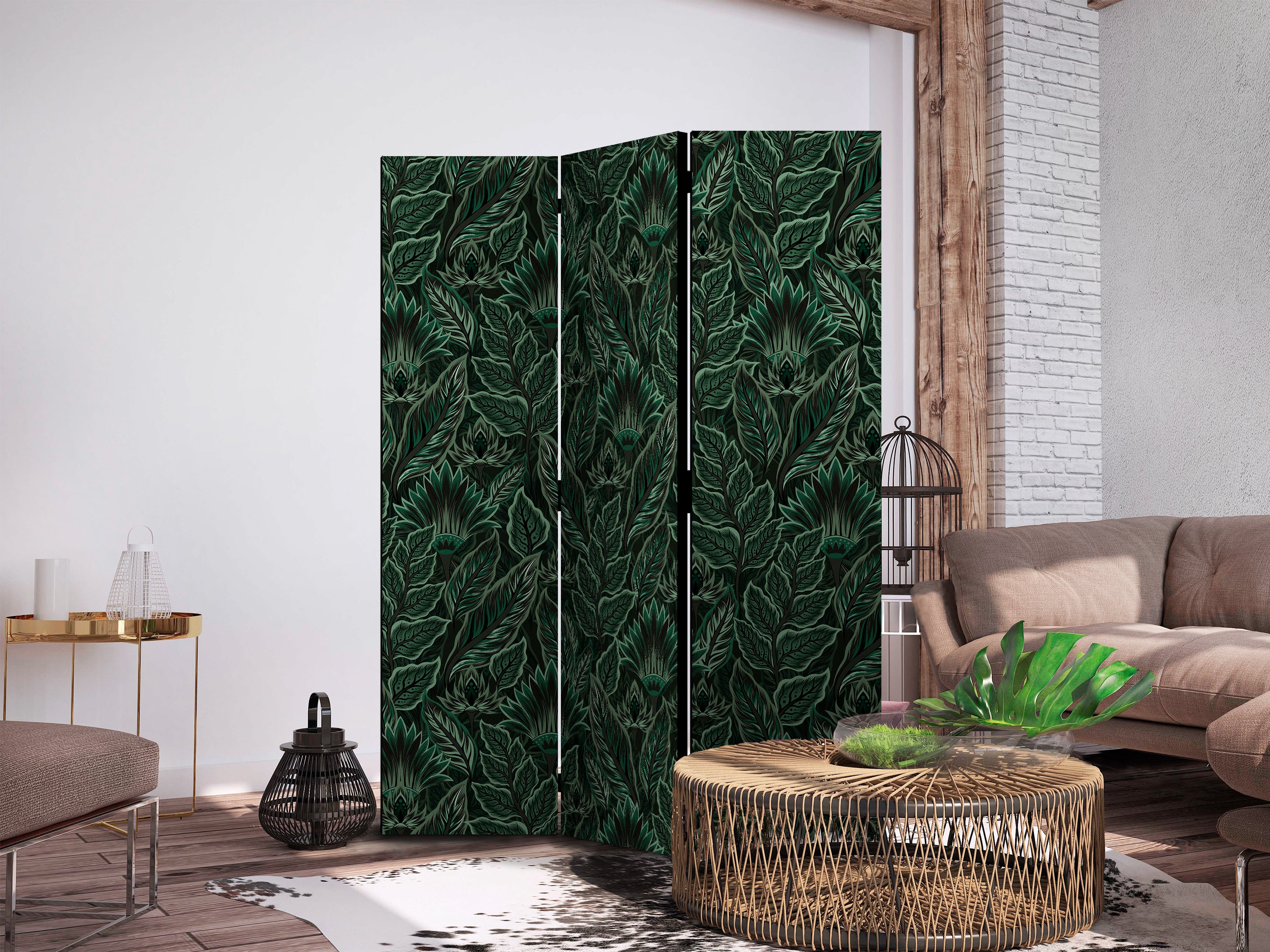 Room Divider with Dense Vegetation and Botanical Patterns in Green