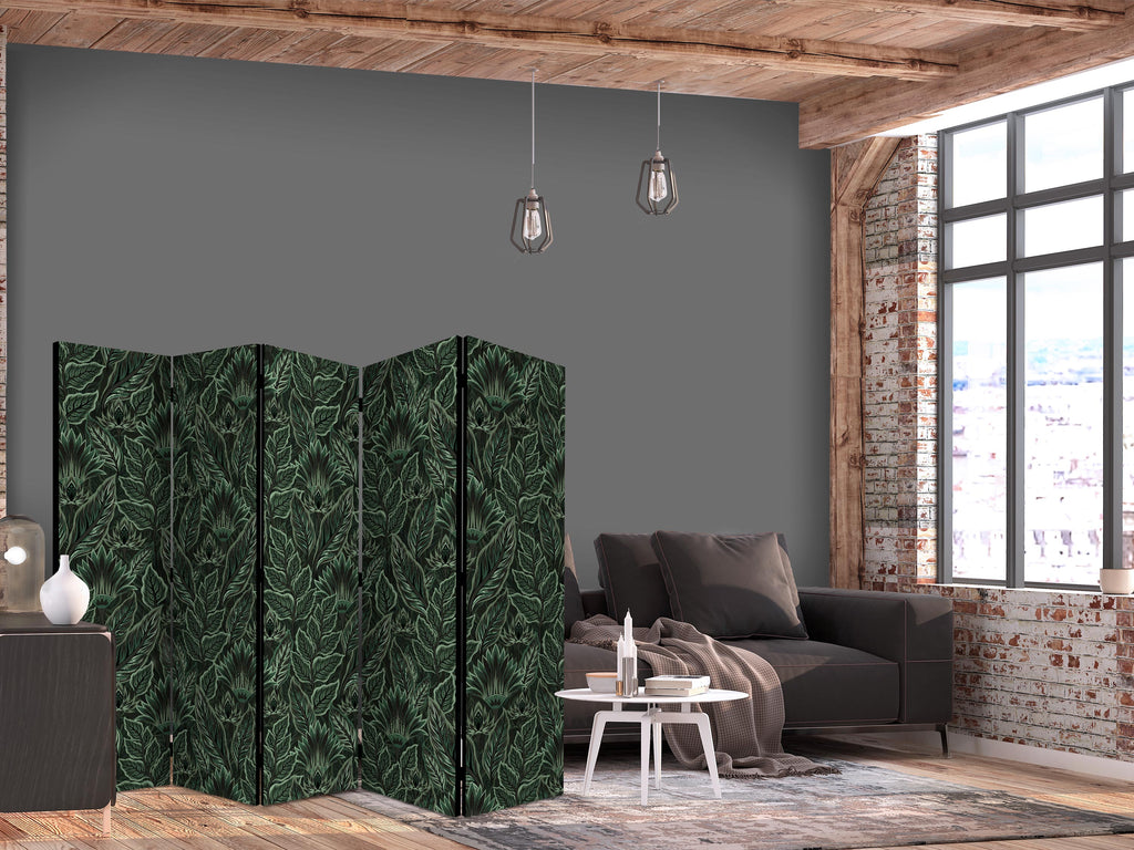 Room Divider with Dense Vegetation and Botanical Patterns in Green