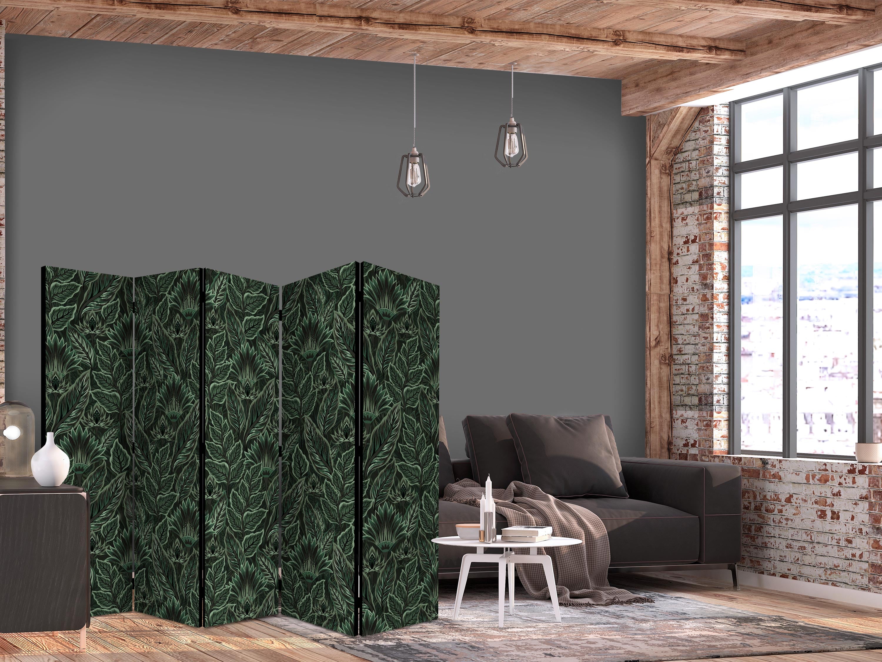 Room Divider with Dense Vegetation and Botanical Patterns in Green