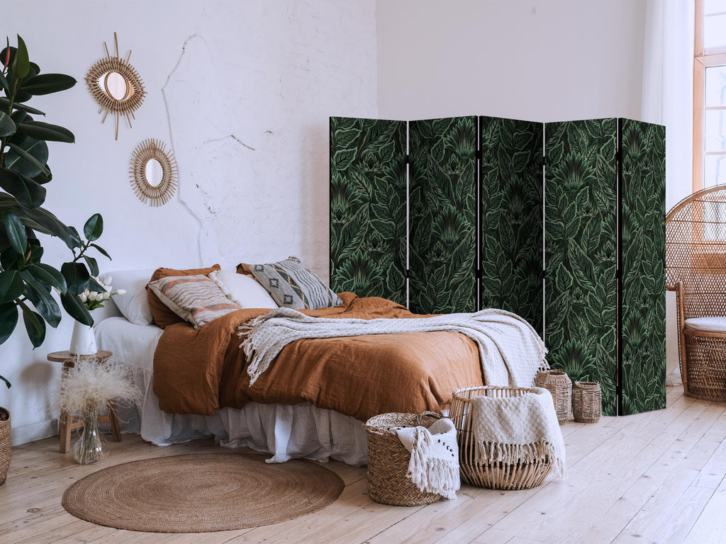 Room Divider with Dense Vegetation and Botanical Patterns in Green
