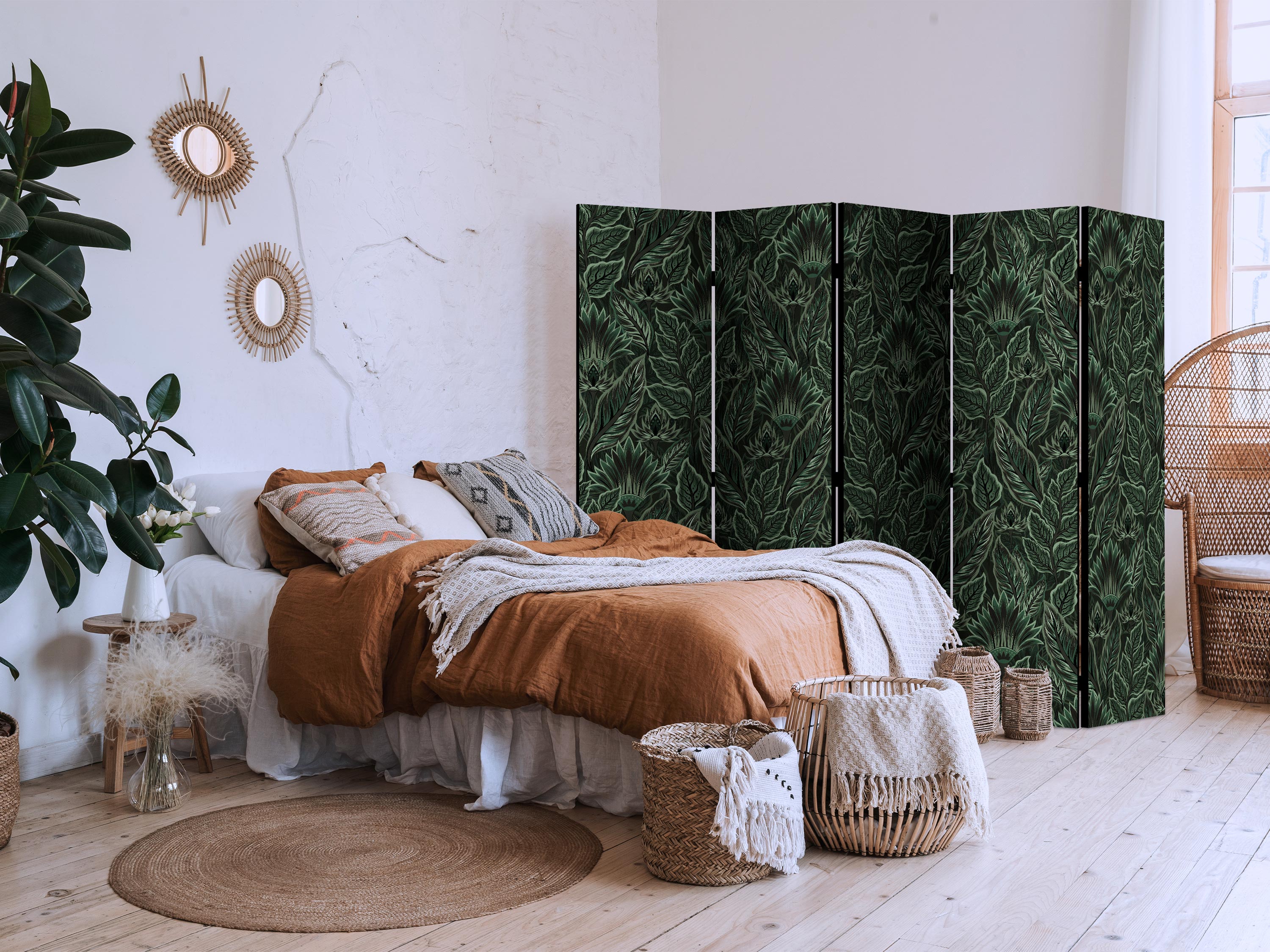 Room Divider with Dense Vegetation and Botanical Patterns in Green
