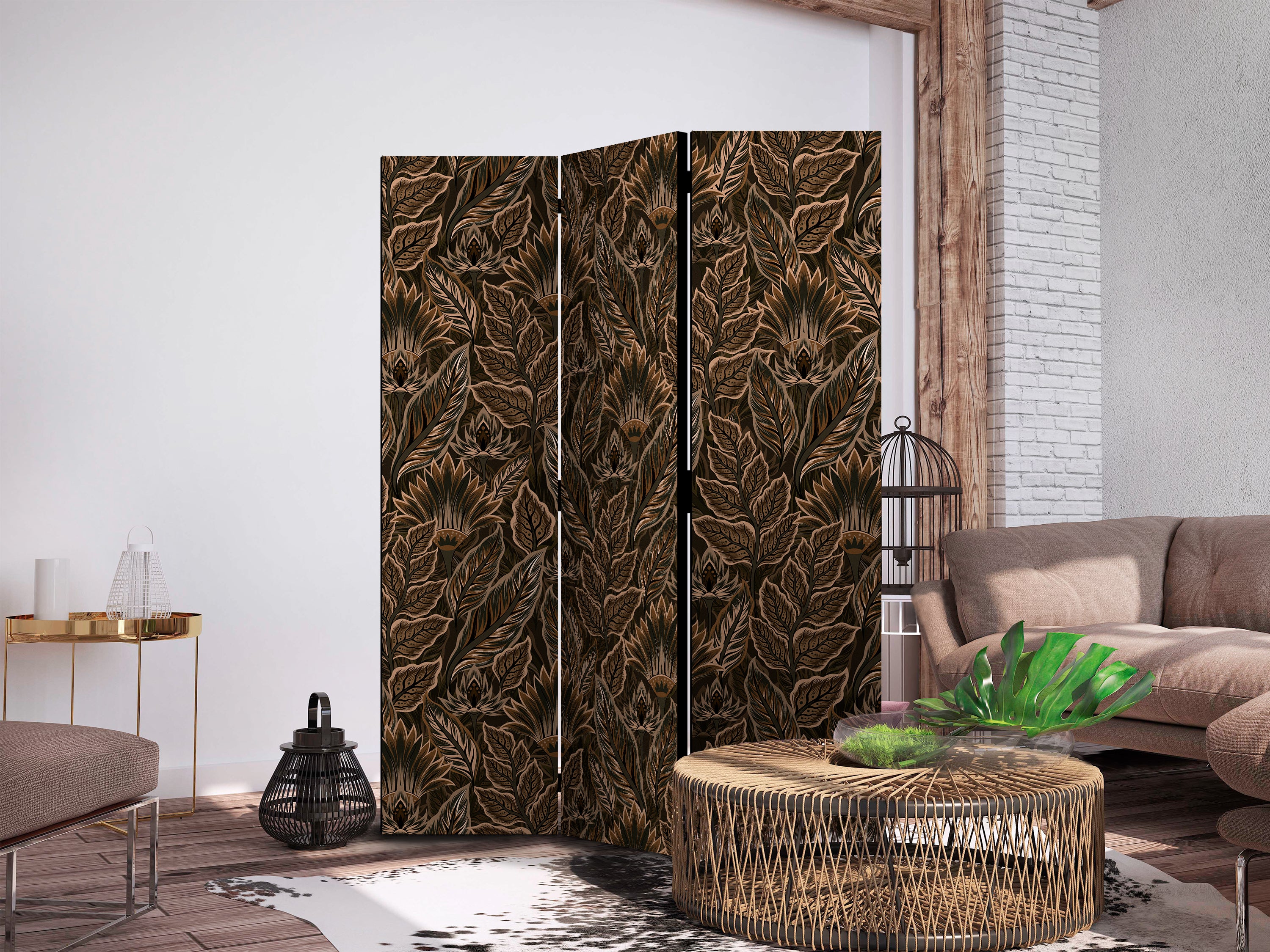 Room Divider Dense Vegetation Botanical Patterns Brown