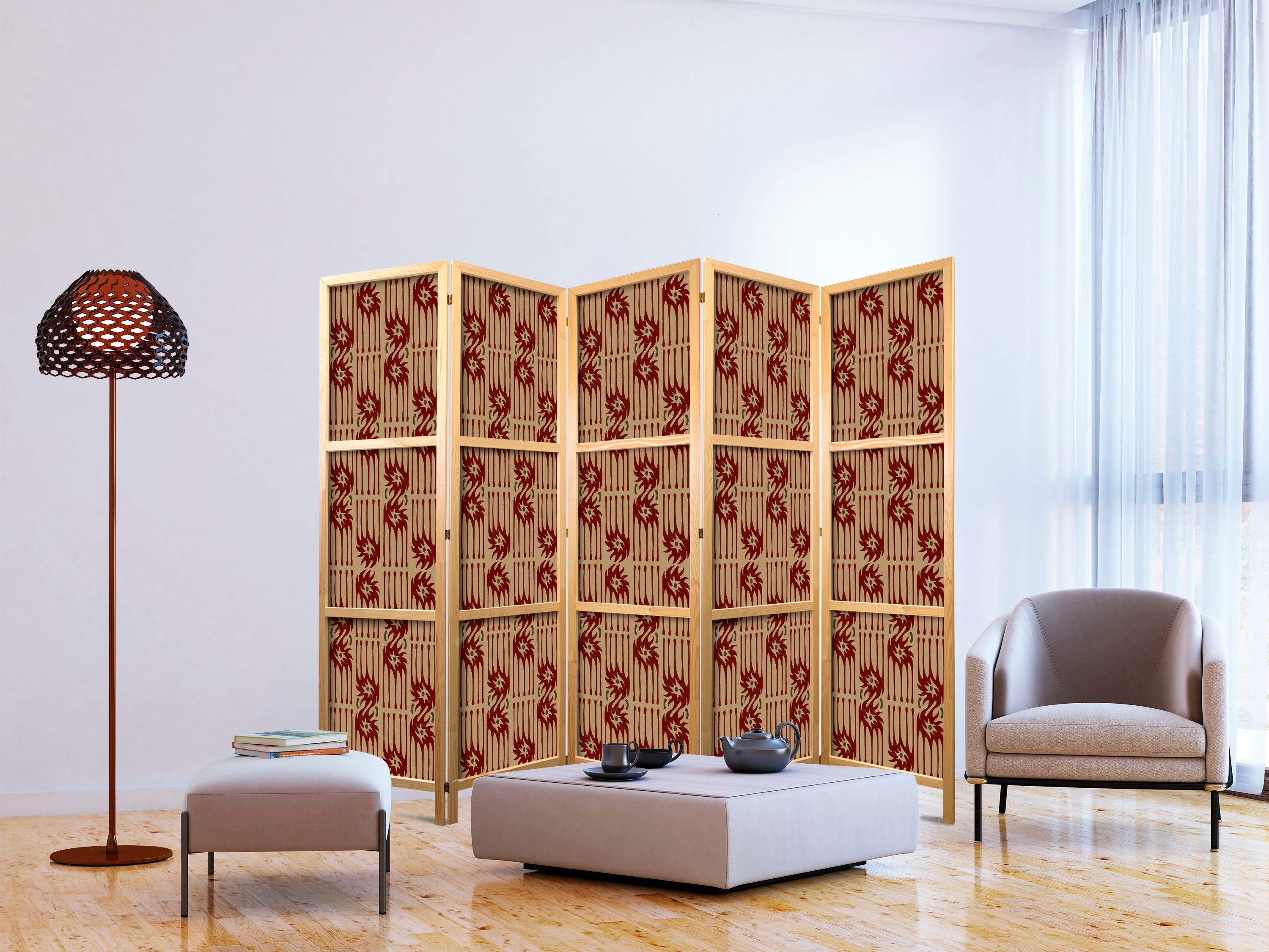 Japanese Room Divider - Abstract Red Tribal Pattern