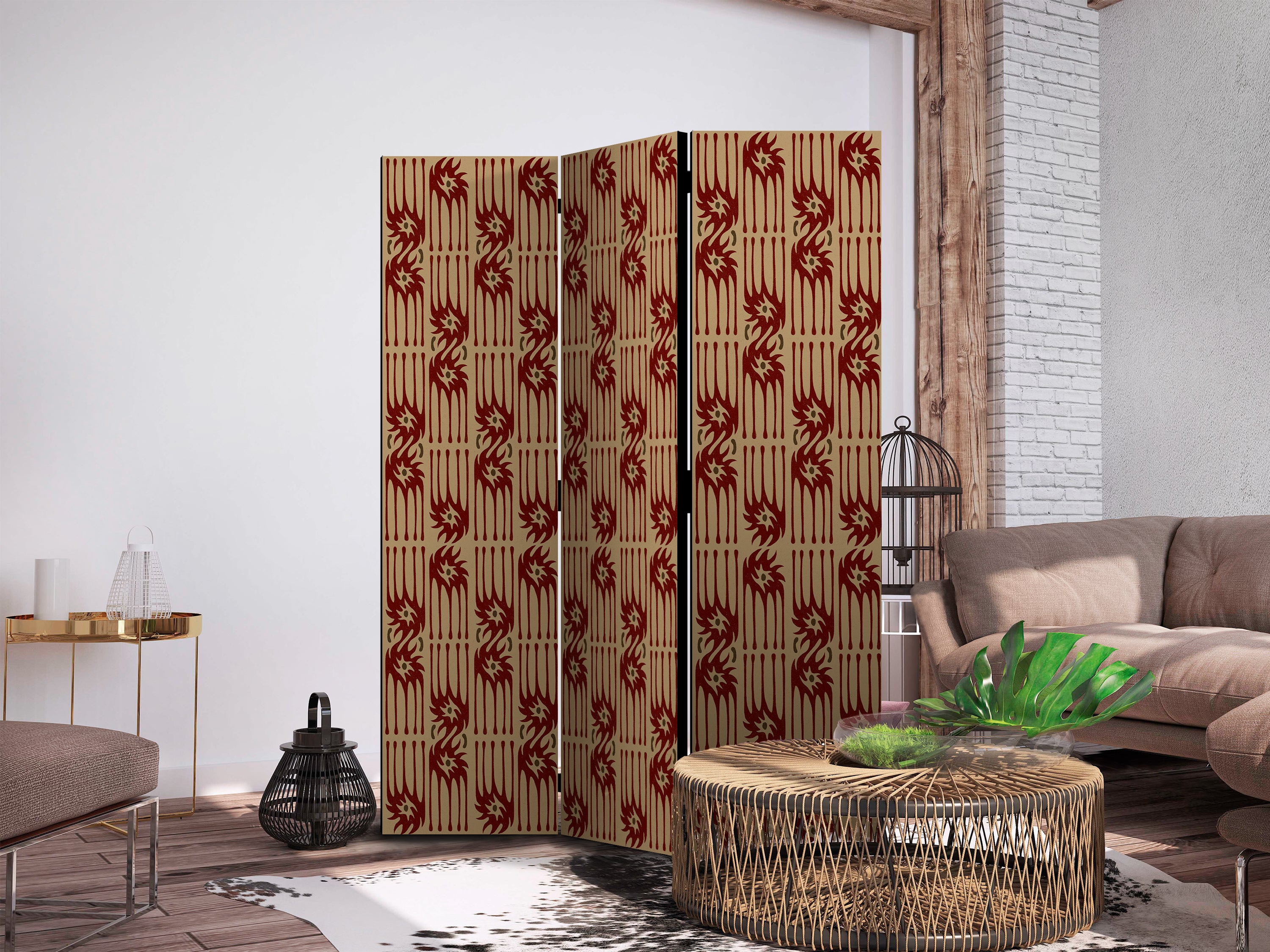 Room Divider Red Abstract Tribal Pattern (3-Panel)