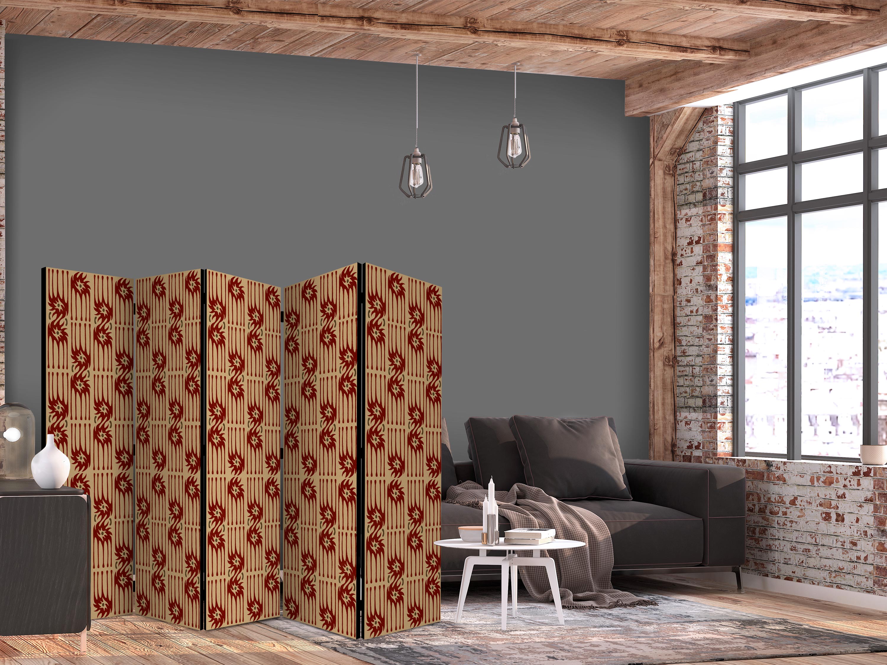 Room Divider 5-Panel Multicoloured Abstract Tribal Pattern