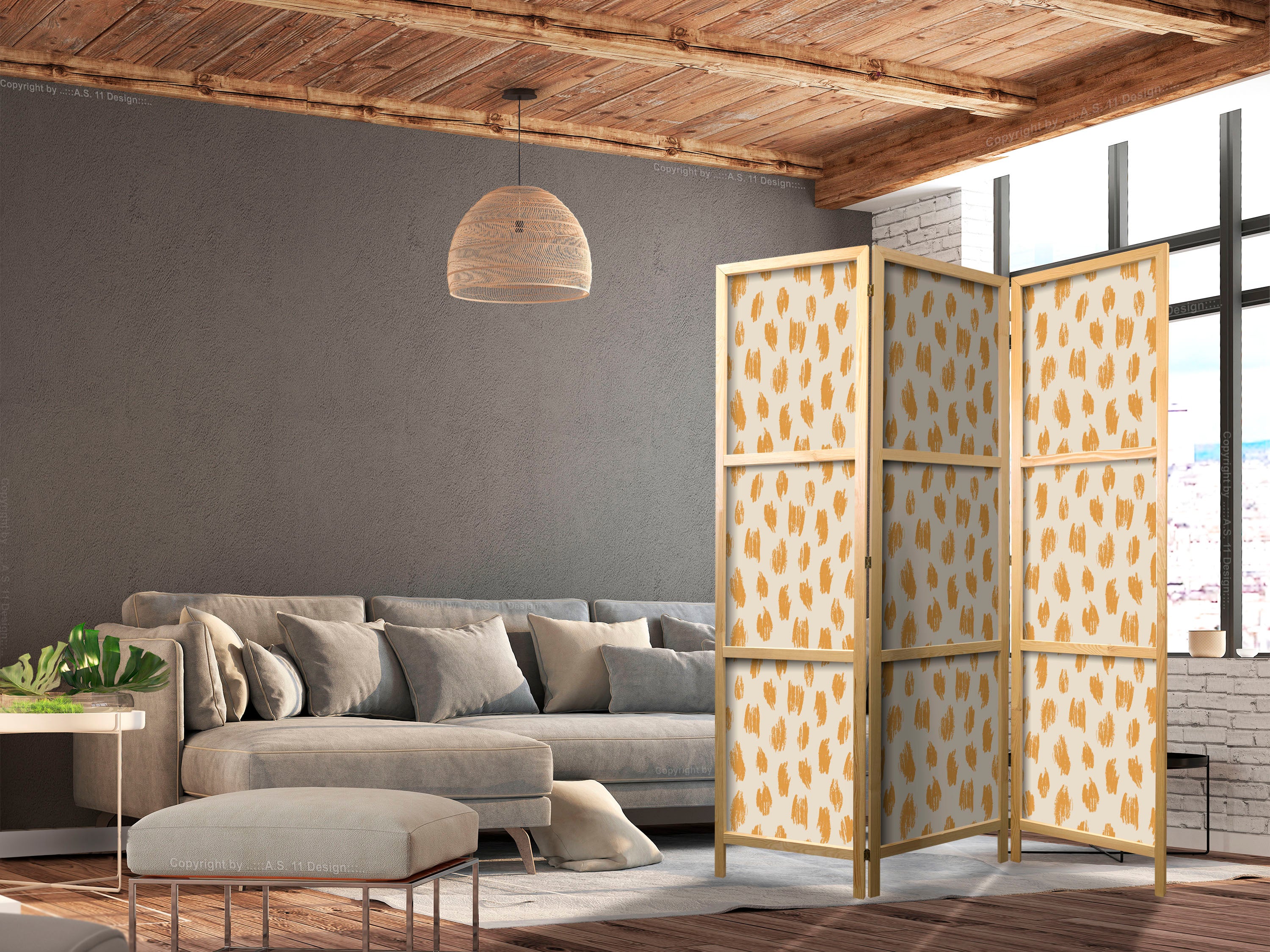 Japanese Room Divider - Dots & Spots Pattern - Orange & Ecru