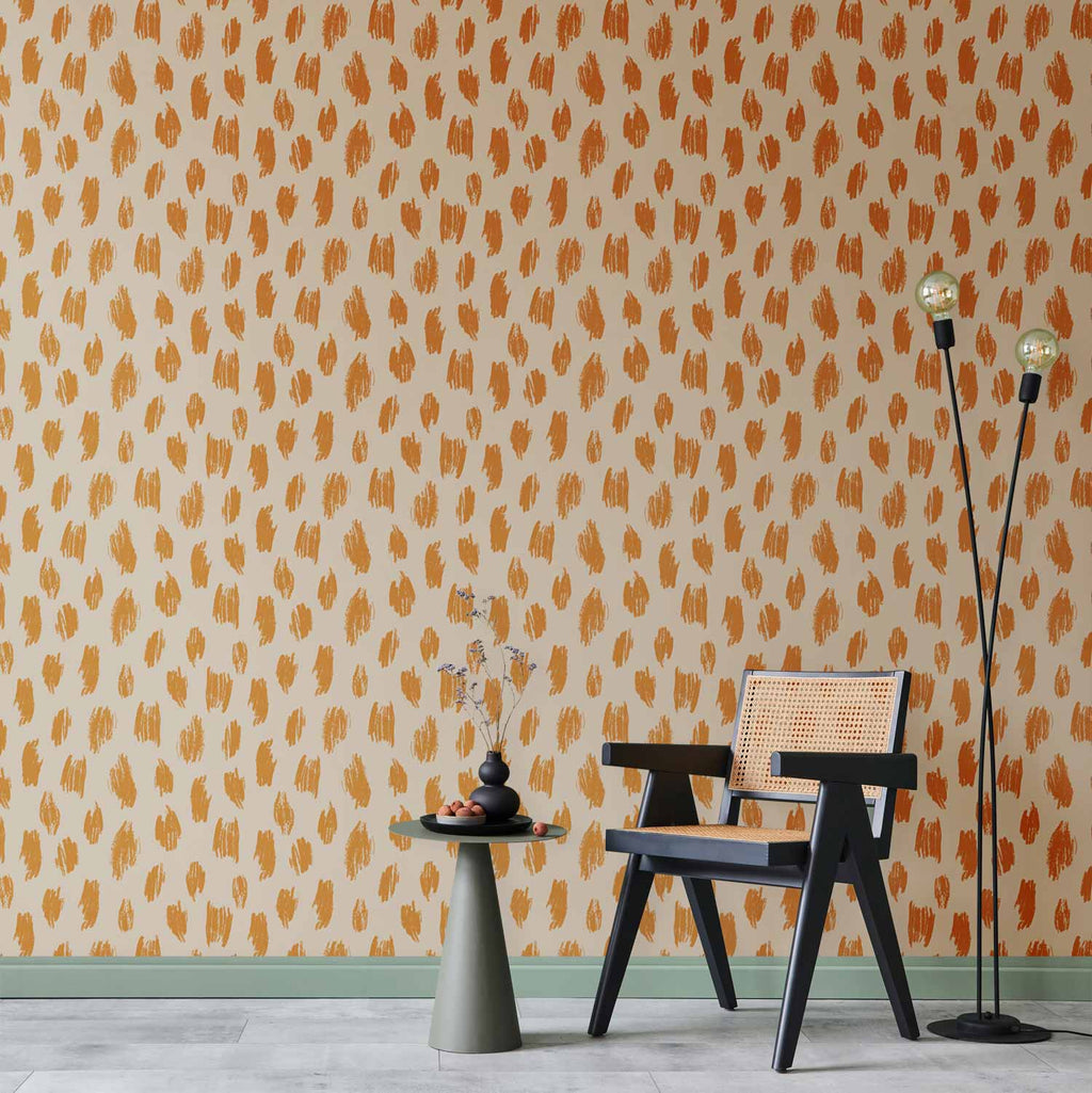 Wallpaper Drawn Pattern in Dots and Spots - Orange and Ecru