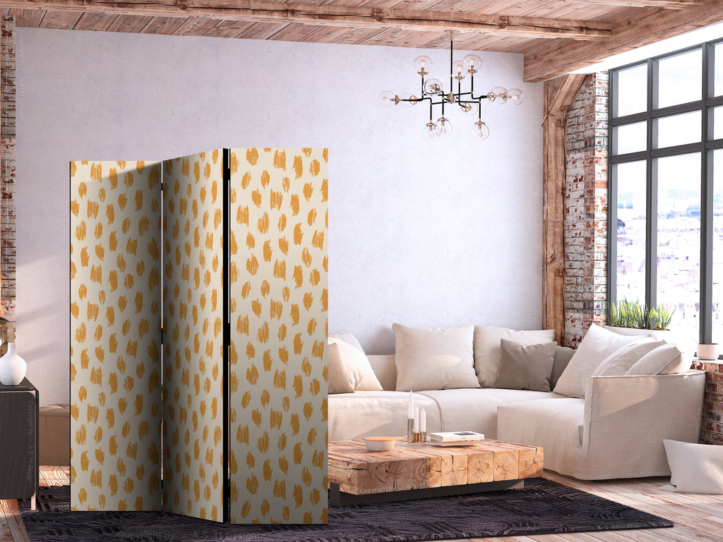 Room Divider - Abstract 3-Panel, Spots and Dots in Orange and Ecru