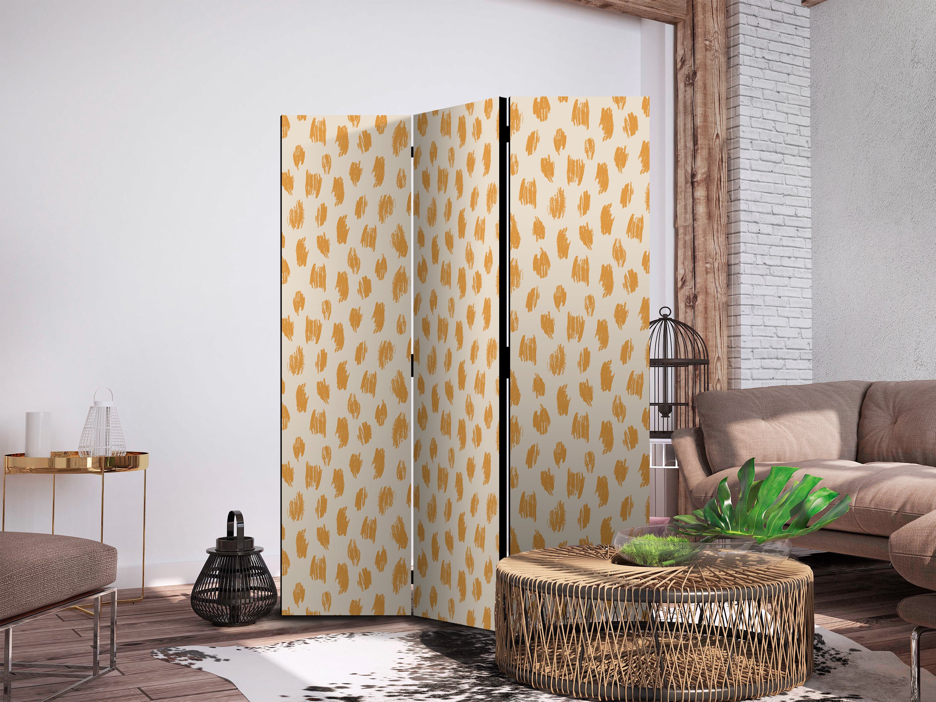 Room Divider - Abstract 3-Panel, Spots and Dots in Orange and Ecru