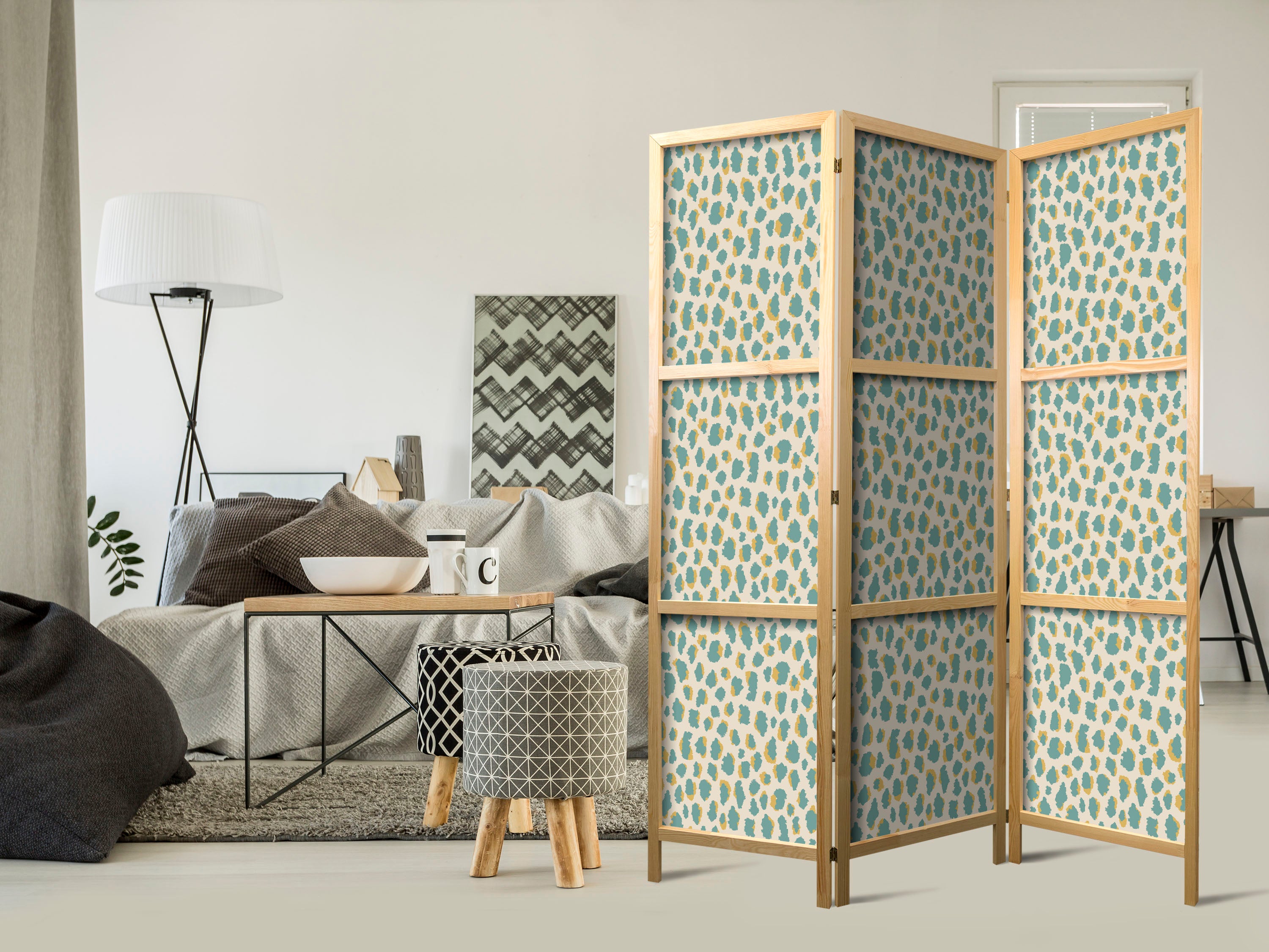 Japanese Room Divider - Giraffe Pattern - Turquoise Spots on Light Background